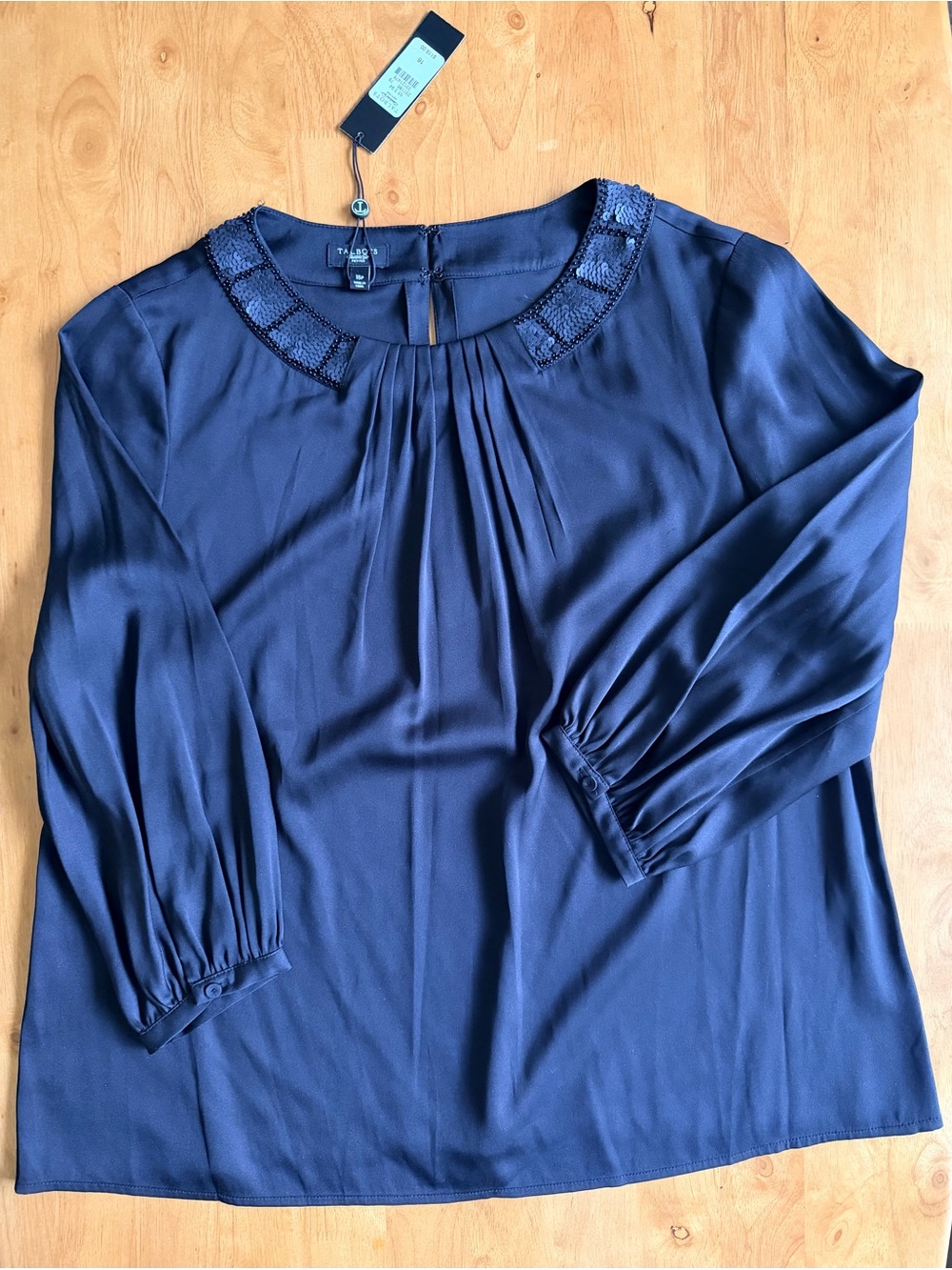 Talbots Petites Black Sequin Neckline Pleated Blouse 16P NWT Holiday Party